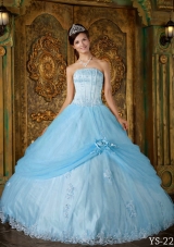 Modest Puffy Strapless Appliques 2014 Spring Quinceanera Dresses