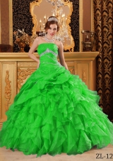 Perfect Green Puffy with Beading and Ruffles Quinceanera Dress for 2014