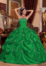 Puffy Strapless with Pick-ups and Appliques Decorate for 2014 Green Quinceanera Dress