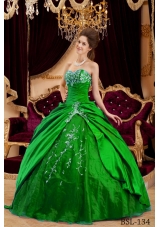 Romantic Green Puffy Sweetheart for 2014 Appliques Quinceanera Dress with Beading