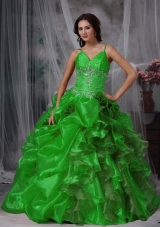 Sweet Green Puffy Straps Beading for 2014 Quinceanera Dress with Ruffles