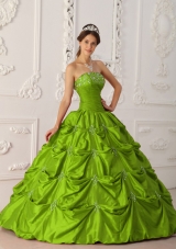 2014 Affordable Olive Green Puffy Strapless with Appliques and Beading Quinceanera Dress