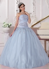 2014 Brand New Light Blue Puffy Strapless Beading Quinceanera Dresses with Appliques