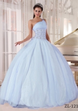 2014 Gorgeous One Shoulder Light Blue Puffy Quinceanera Dress with Beading