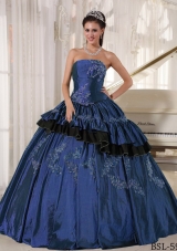 2014 Popular Strapless Puffy Beading Navy Blue Quinceanera Gowns