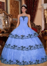 2014 Puffy Strapless Lace Appliques Quinceanera Dresses with Ruffled Layers