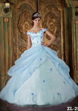 2014 Romantic Puffy Off The Shoulder Appliques Light Blue Quinceanera Dresses