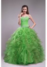 2014 Spring Green Puffy Sweetheart Appliques Quinceanera Dress with Ruffles