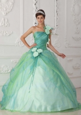 Cute Puffy One Shoulder with Beading and Hand Made Flowers For Quinceanera Dress