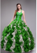 Elegant Green Puffy Halter for 2014 Quinceanera Dress with Applqiues and Ruffles