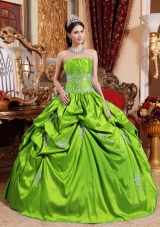 Elegant Puffy Strapless with Pick-ups and Appliques Decorate for 2014 Green Quinceanera Dress