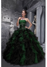 Exclusive Strapless for 2014 Appliques and Ruffles for Green and Black Quinceanera Dress