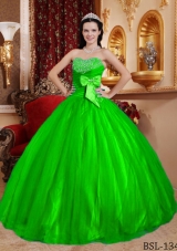 Green Puffy Sweetheart for 2014 Beading Quinceanera Dress with Bow
