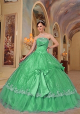 Lovely Puffy Strapless Bows Sequins for 2014 Green Quinceanera Dress