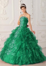 New Style Puffy Strapless Embroidery for 2014 Turquoise Quinceanera Dress