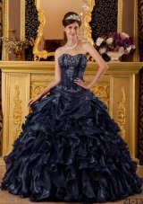 Puffy Princess Sweetheart Ruffles and Appliques Navy Blue Quinceanera Dresses