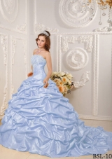 Puffy Strapless Appliques and Beading Quinceanera Dresses with Court Train