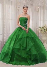Puffy Strapless with Appliques and Beading 2014 Green Quinceanera Dress