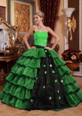 Puffy Strapless with Ruffled Layers and Appliques for 2014 Green and Black Quinceanera Dress