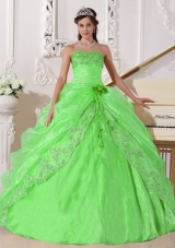 Spring Green Puffy Strapless with Lace Embroidery and Beading Quinceanera Dress for 2014