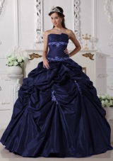 2014 Princess Navy Blue Strapless Long Appliques Quinceanera Dresses