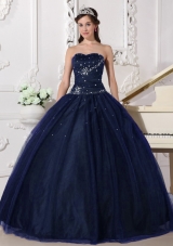 Affordable Puffy Sweetheart Navy Blue Long Quinceanera Dresses