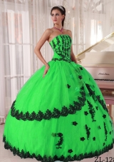 Fashionable Puffy Strapless with Appliques for Green Quinceanera Dress for 2014