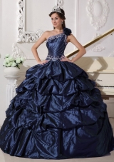 One Shoulder Appliques and Pick-ups Quinceanera Gown in Navy Blue