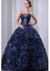 Pretty Navy Blue Princess Strapless Beading and Hand Made Flowers Quinceanea Dress