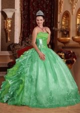 2014 Puffy Strapless Green Lace and Embroidery Quinceanera Dress with Ruffles