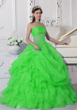 2014 Puffy Strapless with Ruffles and Beading for Green Quinceanera Dress
