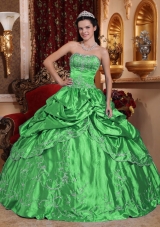 Cheap Puffy Strapless with Embroidery and Beading for 2014 Green Quinceanera Dress