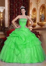 Classical Spring Green Puffy Strapless for 2014 Beading Quinceanera Dress with Appliques