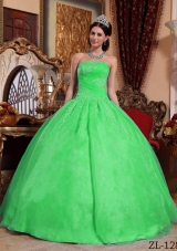 Cute Green Puffy Strapless with Lace Appliques Quinceanera Dress for 2014