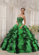 Cute Puffy Sweetheart with Ruffles and Beading for 2014 Green and Black Quinceanera Dress