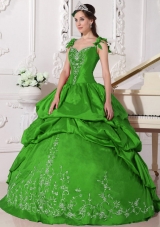 Discount Puffy Straps for 2014 Embroidery for Green Quinceanera Dress with Pick-ups