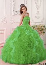 Elegant Green Puffy Sweetheart with Ruffles and Beading for 2014 Quinceanera Dress