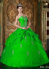 Fashionable Green Puffy Sweetheart for 2014 Appliques Quinceanera Dress with Pick-ups