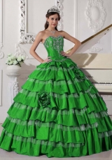 Green Puffy Sweetheart for 2014 New Style Quinceanera Dress with Flowers and Embroidery