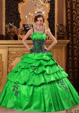 Lovely Green Puffy Straps Appliques for 2014 Quinceanera Dress with Pick-ups