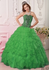 New Style Dark Green Puffy Sweetheart with Ruffles and Beading for 2014 Quinceanera Dress
