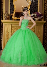 Petty Spring Green Puffy Strapless with Beading Decorate for 2014 Quinceanera Dress