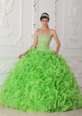 Popular Organza Spring Green Puffy Strapless Decorate for 2014 Quinceanera Dress with Beading