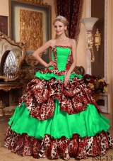 Puffy Strapless Leopard Pick-ups Decorate for 2014 Green Quinceanera Dress