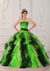 Sweet Puffy Strapless with Appliques and Ruffles for 2014 Green and Black Quinceanera Dress