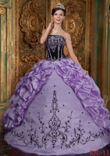 Cute Puffy Strapless 2014 Embroidery Lavender Quinceanera Dresses with Pick-ups