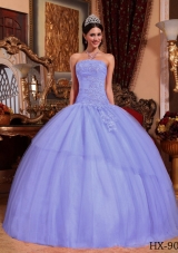 2014 Lavender Puffy Strapless Appliques Beading Quinceanera Dresses