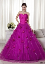 A-line Sweetheart Brush Train Tulle and Taffeta Hand Made Flowers Prom Dress