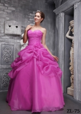 Fuchsia Ball Gown Sweethrart Floor-length Organza Beading and Ruch Quinceanera Dress