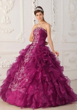 Fuchsia Strapless Organza Quinceanera Dress with White Embroidery